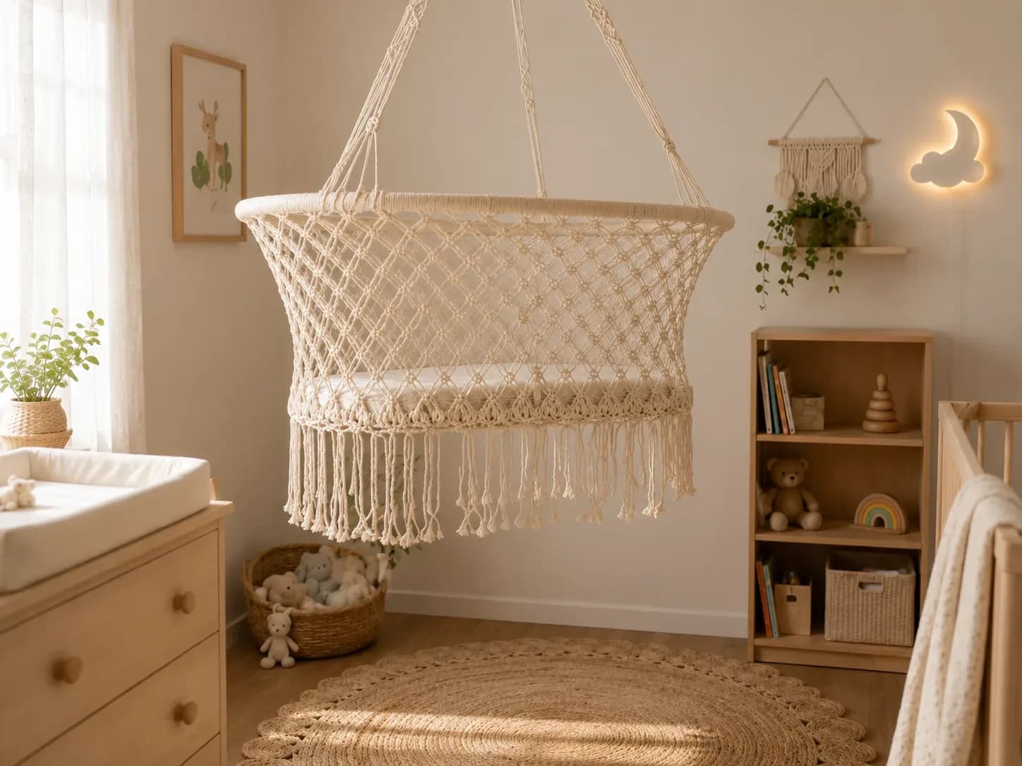 Cuna de macrame colgante.