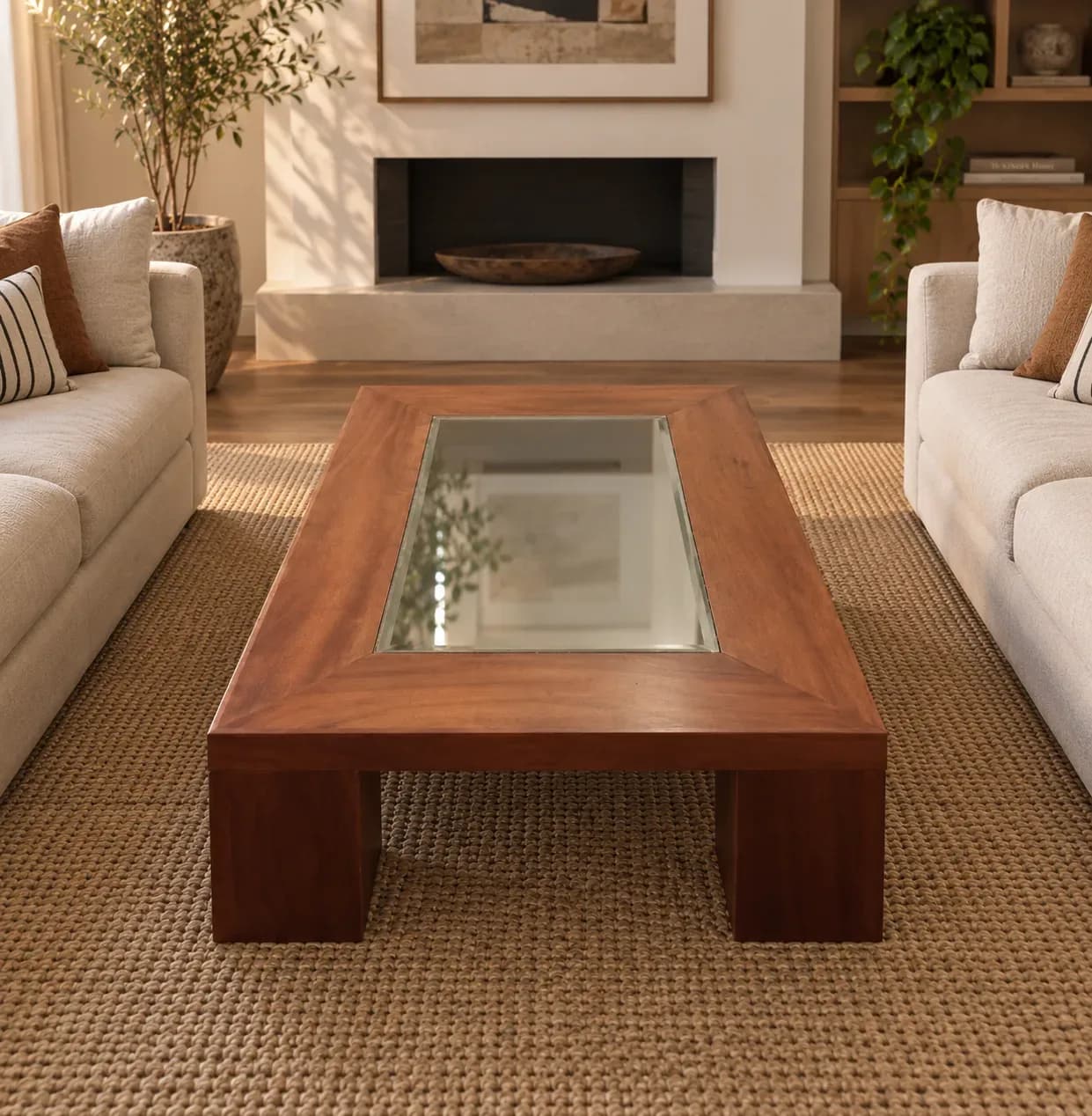 Mesa de centro de madera maciza de raulí y vidrio biselado.