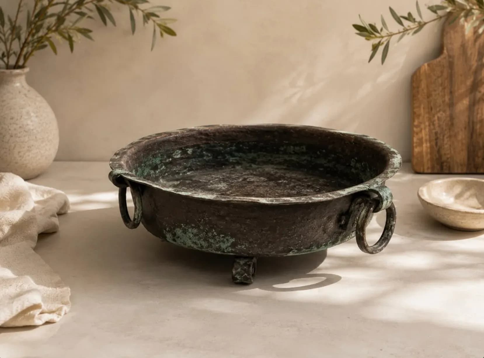 Olla de cobre antiguo con patas.