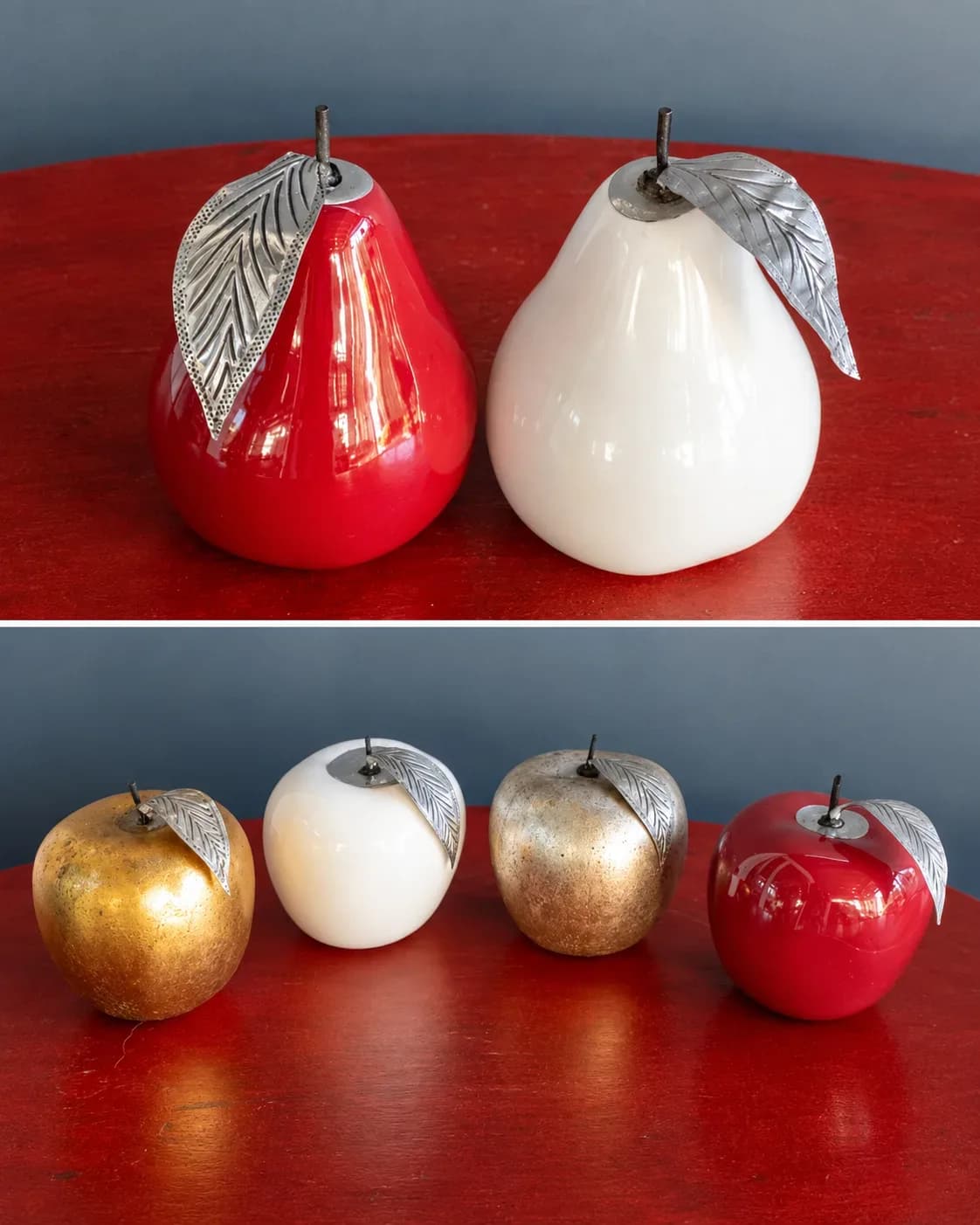Peras y manzanas de ceramica esmaladas.