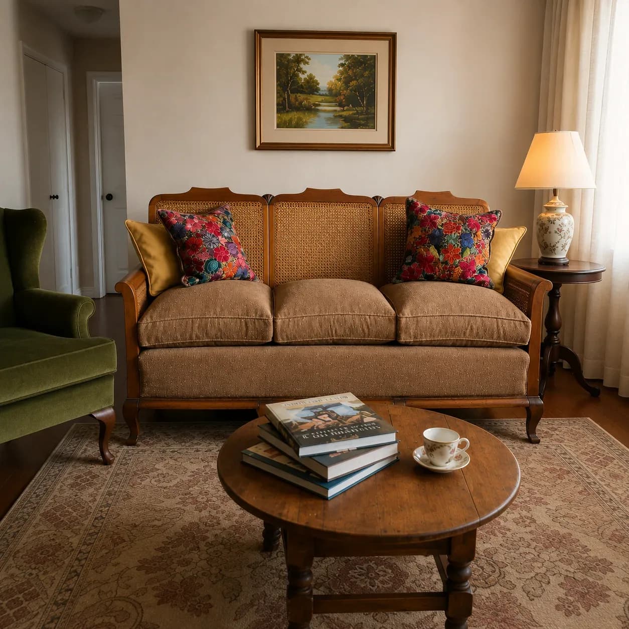 Sofa de madera y junco.