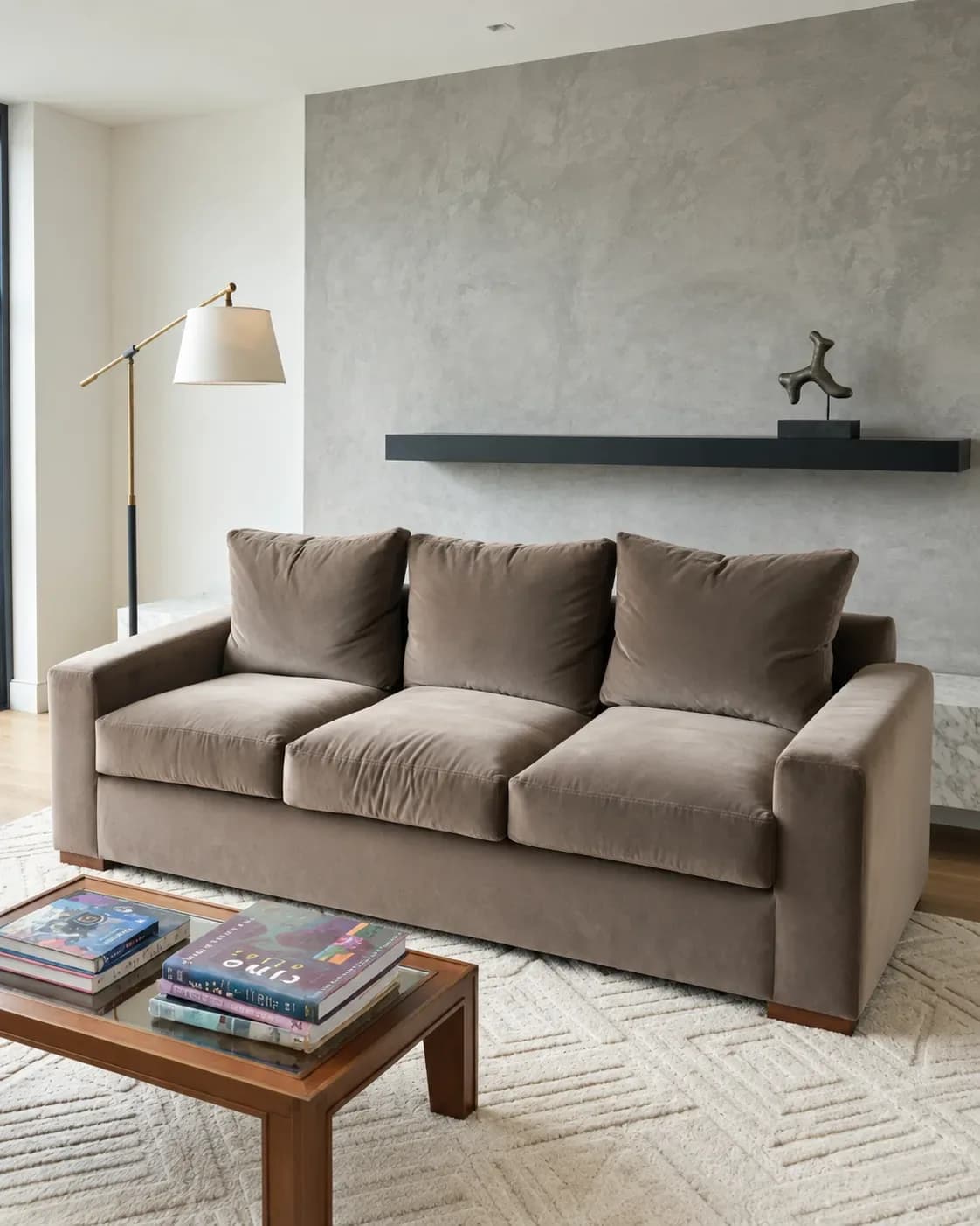 Sofa tres cuerpos tipo velvet, pata madera.